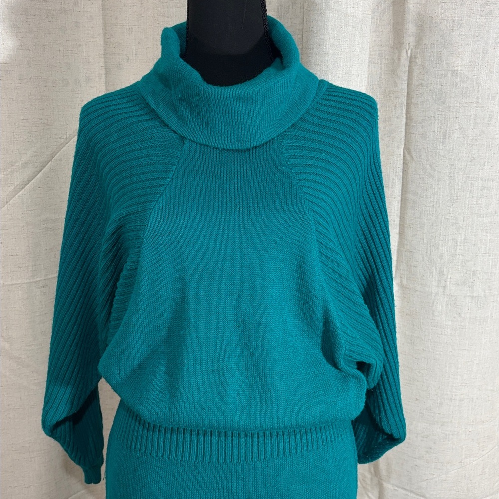 Vintage 80s Christina’s Teal Turtleneck Women Sweater Dress
